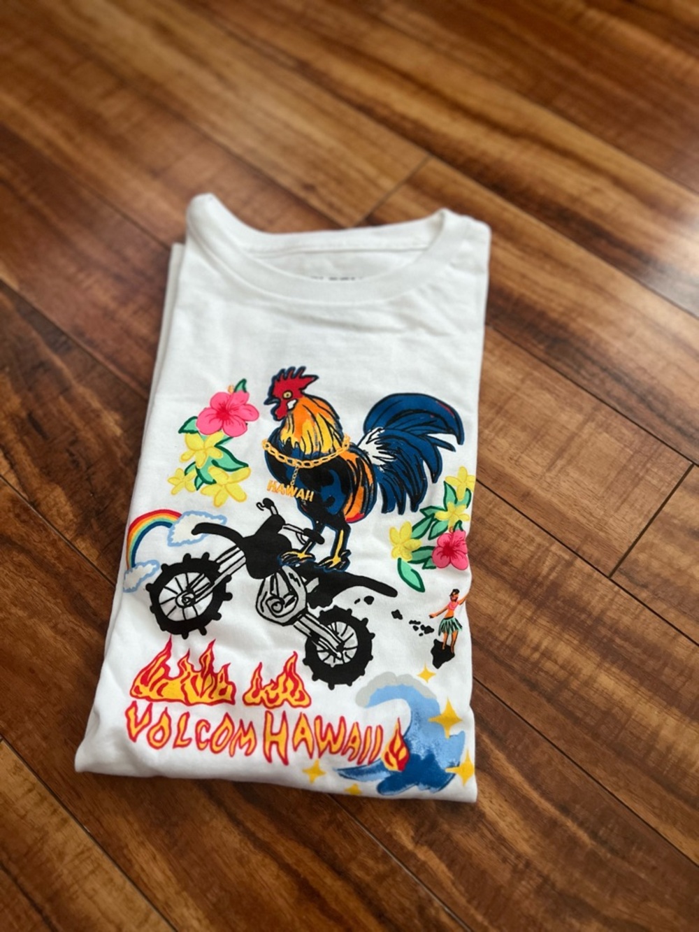 Volcom White Tee with Colorful Rooster & Motorcycle Graphic